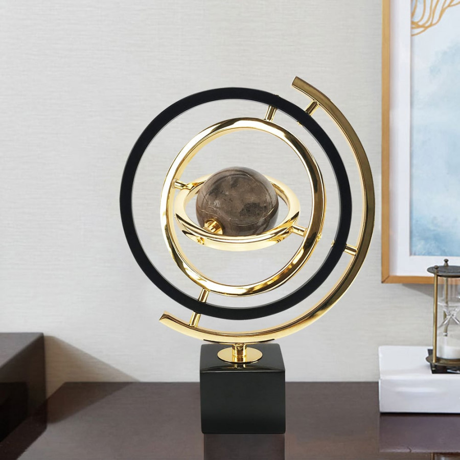 HMR - Modern Abstract Metal Black & Gold Globe Ornament Sculpture Decor with Rectangle Stand