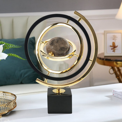 HMR - Modern Abstract Metal Black & Gold Globe Ornament Sculpture Decor with Rectangle Stand
