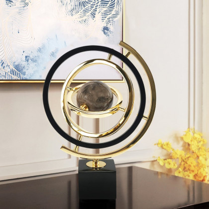 HMR - Modern Abstract Metal Black & Gold Globe Ornament Sculpture Decor with Rectangle Stand