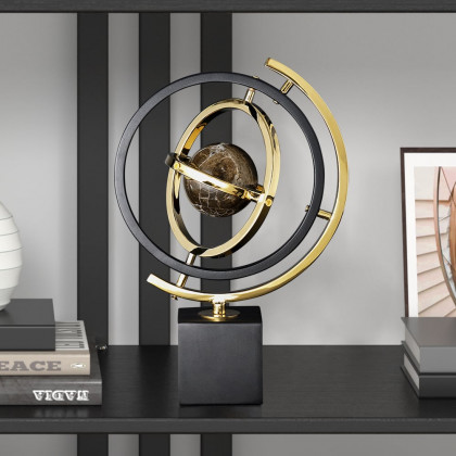 HMR - Modern Abstract Metal Black & Gold Globe Ornament Sculpture Decor with Rectangle Stand