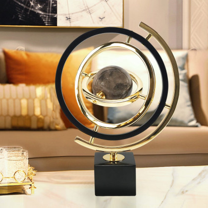 HMR - Modern Abstract Metal Black & Gold Globe Ornament Sculpture Decor with Rectangle Stand