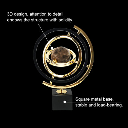 HMR - Modern Abstract Metal Black & Gold Globe Ornament Sculpture Decor with Rectangle Stand