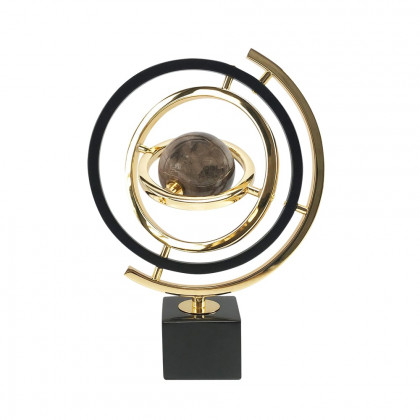 HMR - Modern Abstract Metal Black & Gold Globe Ornament Sculpture Decor with Rectangle Stand