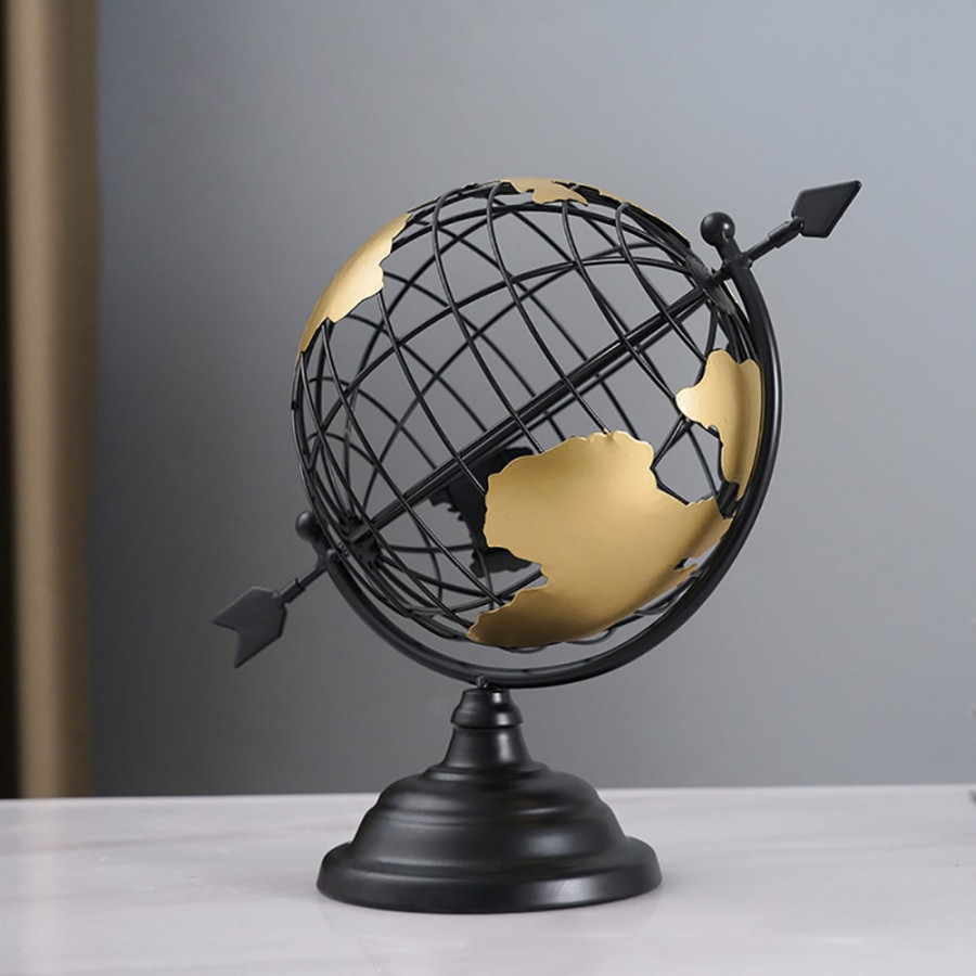HMR - 11.8" Modern Abstract Metal Black & Gold Wireframe Globe Sculpture Ornament Decor Art