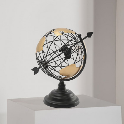HMR - 11.8" Modern Abstract Metal Black & Gold Wireframe Globe Sculpture Ornament Decor Art
