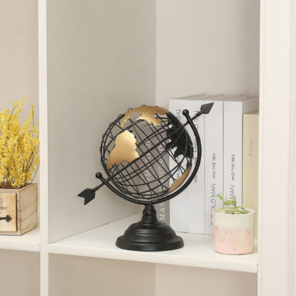 HMR - 11.8" Modern Abstract Metal Black & Gold Wireframe Globe Sculpture Ornament Decor Art
