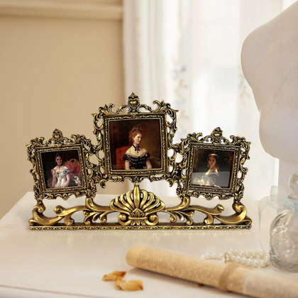 HMR - Vintage Gold Resin Carved Desktop Photo Frame Collage 3 Pictures Glass Window Frame
