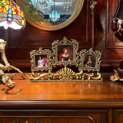 HMR - Vintage Gold Resin Carved Desktop Photo Frame Collage 3 Pictures Glass Window Frame