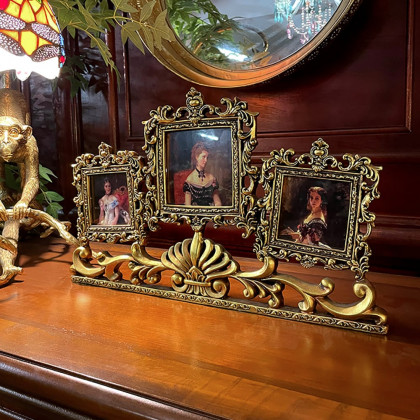 HMR - Vintage Gold Resin Carved Desktop Photo Frame Collage 3 Pictures Glass Window Frame