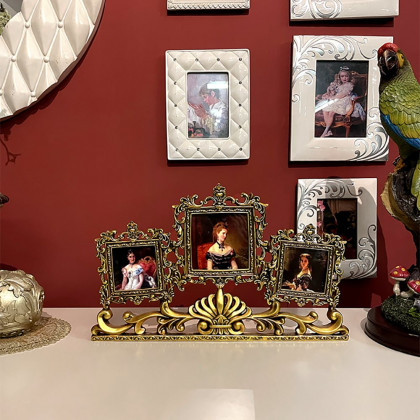 HMR - Vintage Gold Resin Carved Desktop Photo Frame Collage 3 Pictures Glass Window Frame