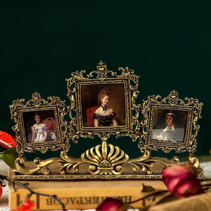 HMR - Vintage Gold Resin Carved Desktop Photo Frame Collage 3 Pictures Glass Window Frame