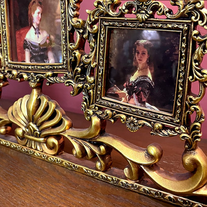 HMR - Vintage Gold Resin Carved Desktop Photo Frame Collage 3 Pictures Glass Window Frame