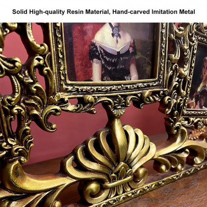 HMR - Vintage Gold Resin Carved Desktop Photo Frame Collage 3 Pictures Glass Window Frame