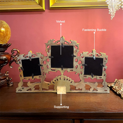 HMR - Vintage Gold Resin Carved Desktop Photo Frame Collage 3 Pictures Glass Window Frame