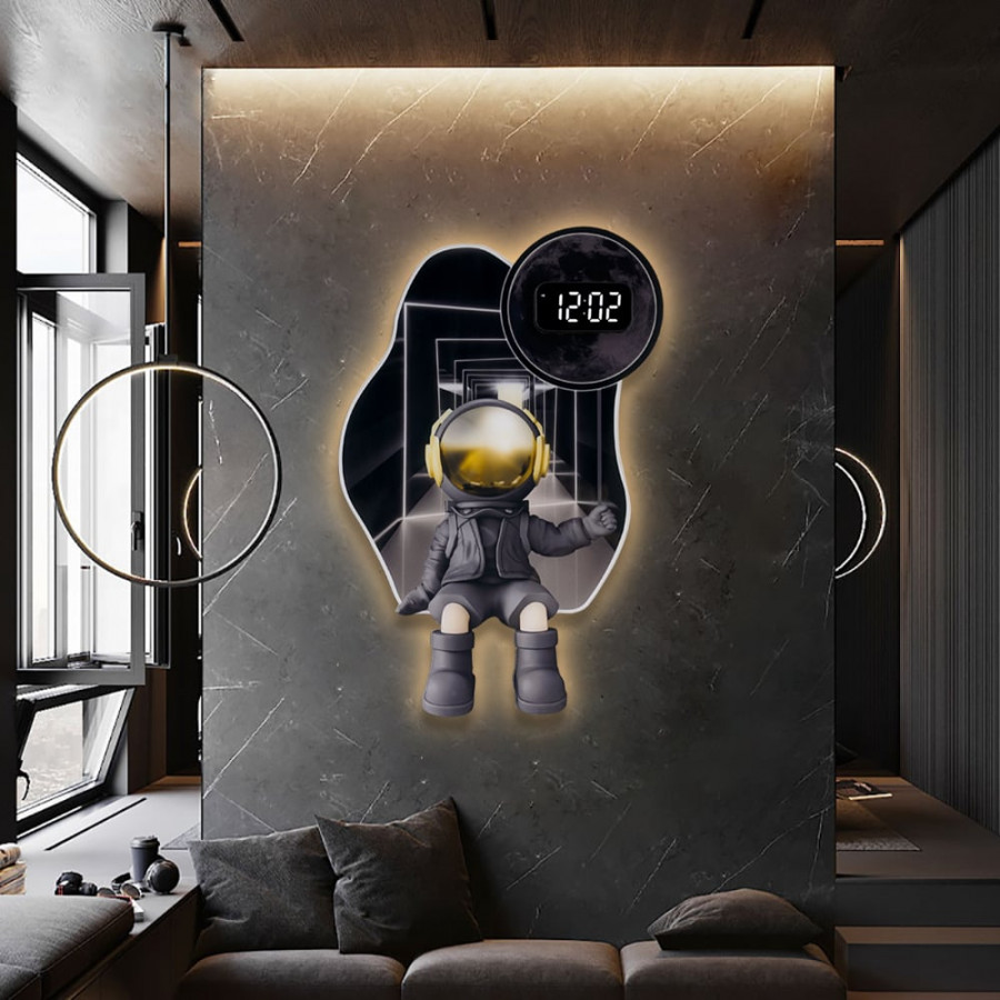 HMR - 23.6" LED Digital Astronaut Wall Clock Spaceman Decor Art Living Room Bedroom in Black