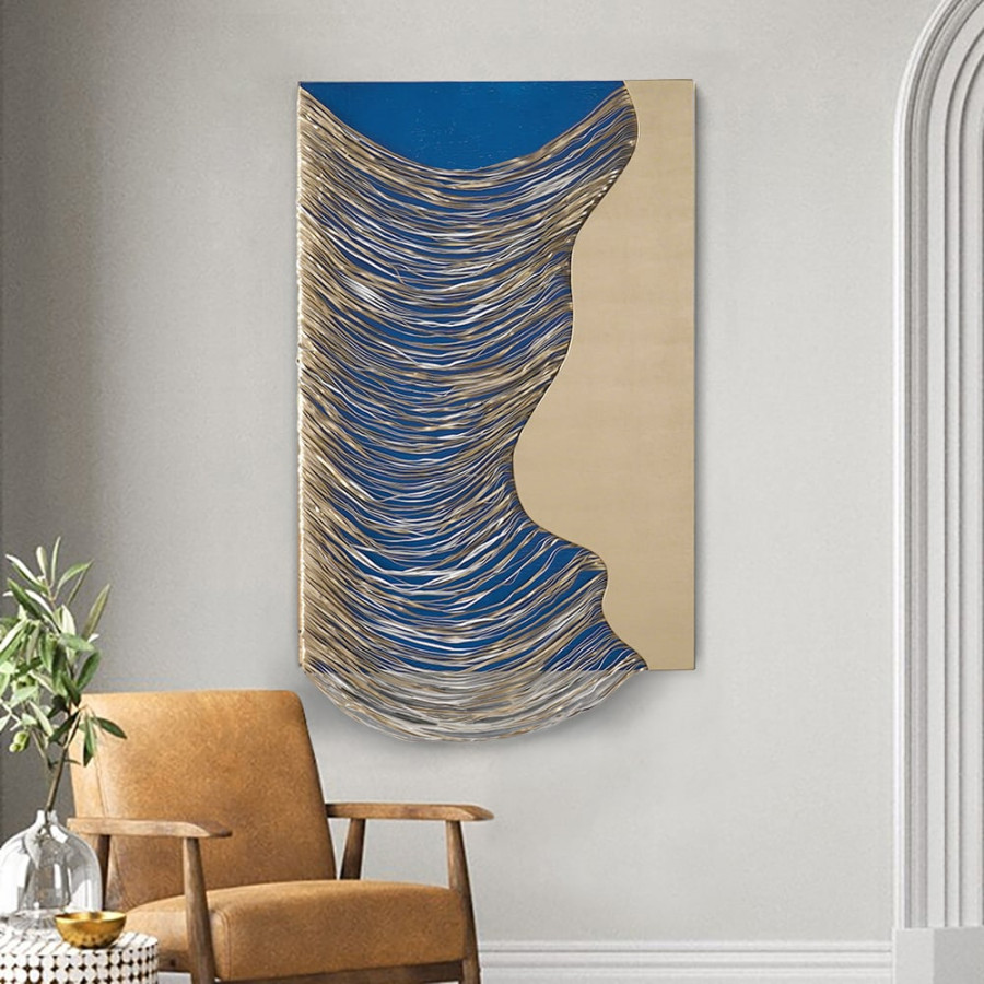 HMR 3D Modern Geometric Abstract Wood Wall Decor Art for Living Room Bedroom - Blue & Gold