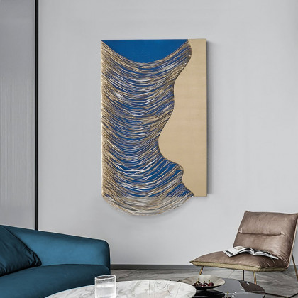 HMR 3D Modern Geometric Abstract Wood Wall Decor Art for Living Room Bedroom - Blue & Gold