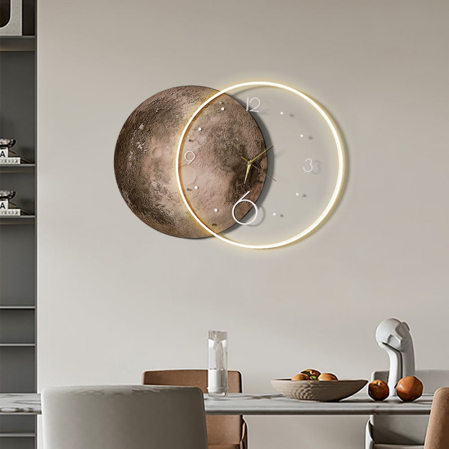 HMR - Round Modern Cool Brown Moon Large Wall Clock LED Light Wall Clock Wall Decoration