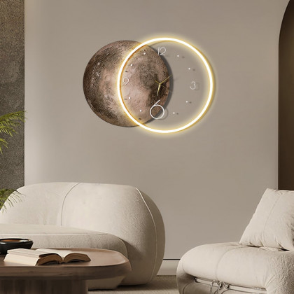 HMR - Round Modern Cool Brown Moon Large Wall Clock LED Light Wall Clock Wall Decoration