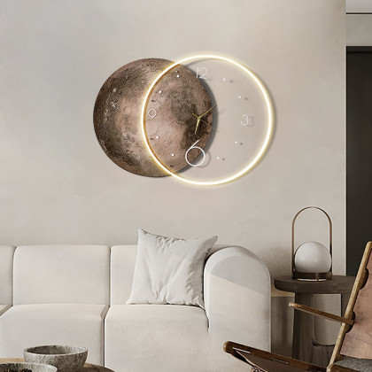 HMR - Round Modern Cool Brown Moon Large Wall Clock LED Light Wall Clock Wall Decoration