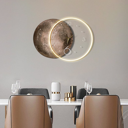 HMR - Round Modern Cool Brown Moon Large Wall Clock LED Light Wall Clock Wall Decoration