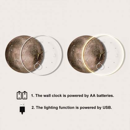 HMR - Round Modern Cool Brown Moon Large Wall Clock LED Light Wall Clock Wall Decoration