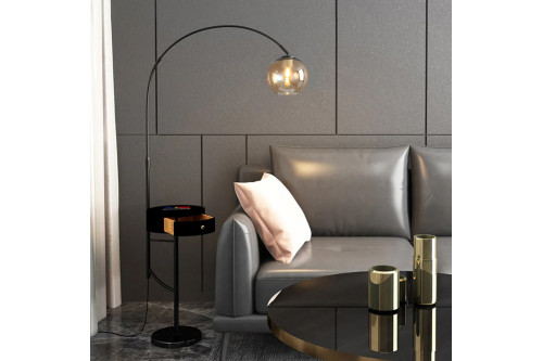 Homary™ Arc Floor Lamp with Drawer with Glass Shade and Marble Base - Black