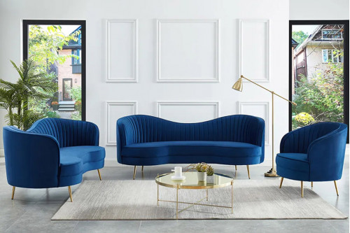 Homary™ Florie Velvet Sofa Curved 3-Seater Loveseat - Blue