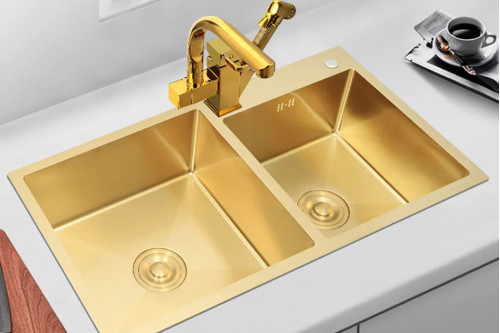 Homary™ 32" Stainless Steel Kitchen Sink with Double Bowls and Drain and Overflow - Gold