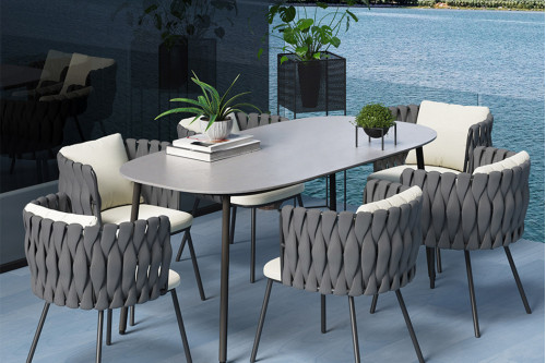 HMR™ 7-Pieces Outdoor Dining Set with Faux Marble Top and Table and Rope Woven Chair - Gray