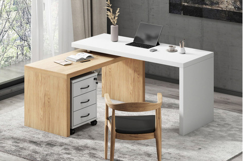 Homary™ Swivel Desk with Movable File Cabinet - White and Natural