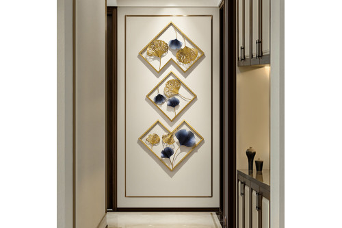 Homary™ 3 Pieces Ginkgo Leaves Wall Decor with Geometric Frame - Blue and Gold, Metal