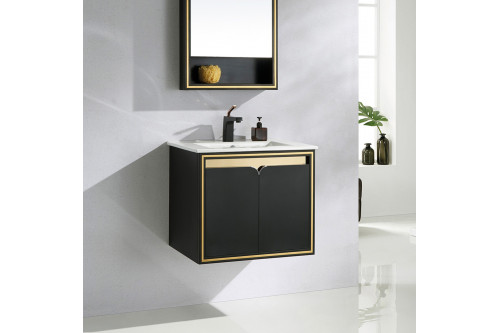 HMR™ 24" Floating Bathroom Vanity Set with Single Sink and Drain - Black and Gold