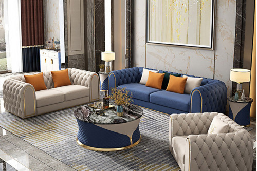 Homary™ 3-Piece Velvet Upholstered Chesterfield Sofa - Blue and Beige