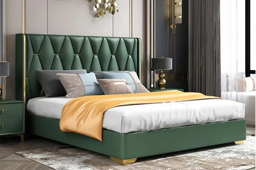 Homary™ Upholstered Low Profile Platform Queen Bed with Wood Slats - Dark Green