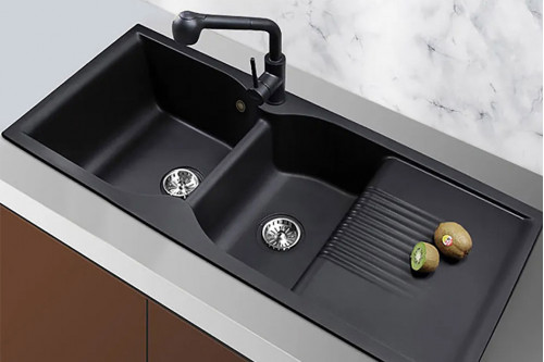 Homary™ 45" Quartz Double-Bowl Drop-In Kitchen Sink with Drain Board - Black