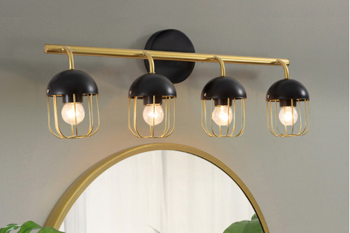 HMR™ 4-Light Gold Cage Bathroom Vanity Light with Dome Shade - Black