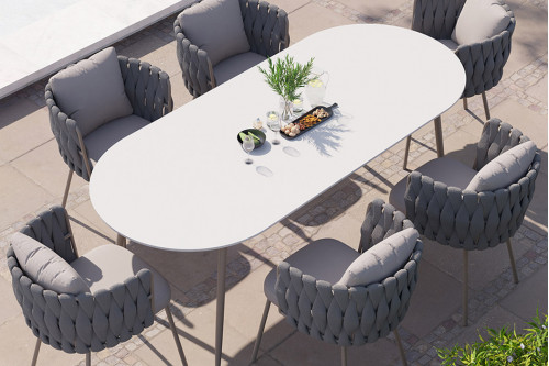Homary™ 7-Pieces Outdoor Dining Set with Oval Marble Top Table and Woven Armchair - White and Gray