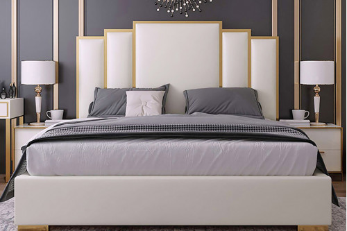 HMR™ Faux Leather Upholstered Bed with Geometric Headboard - Queen Size