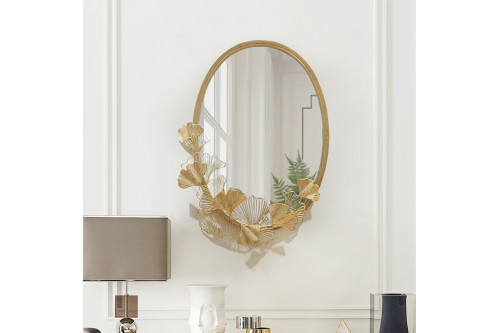 Homary™ Oval Wall Mirror Hollow-out Ginkgo Leaves with Metal Frame - Gold