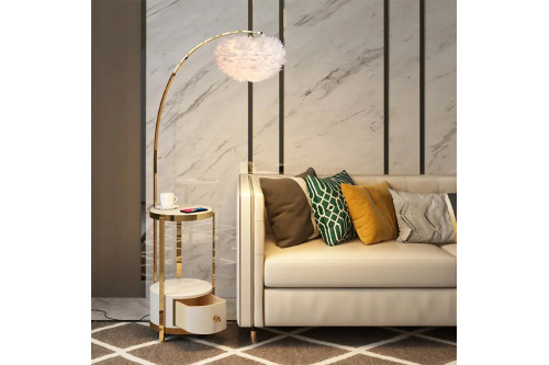 Homary™ End Table Feather Floor Lamp with Wireless Charging and USB - White and Gold