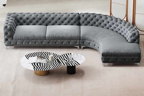 HMR™ L-Shaped Curved Sectional Upholstered Velvet Chesterfield Sofa - Gray