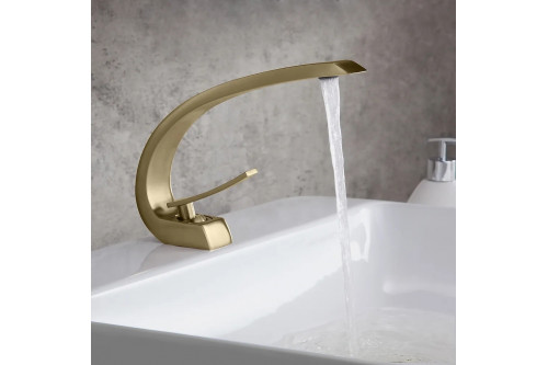 Homary™ 1-Handle Bathroom Sink with Single Hole, Faucet Curved Spout and Drain - Brushed Gold
