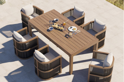 Homary™ Outdoor Dining Set For 6 with Table and Rope Woven Armchair (7-Pieces Set) - Natural