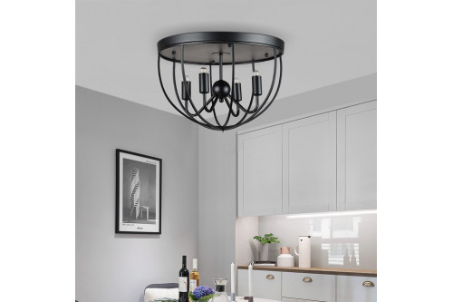 Homary™ Rustic Cage Semi Flush Mount Light with 4 Candelabra - Black, Metal