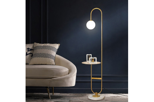 Homary™ 60" Arc Floor Lamp with Shelf with Glass Shade and Marble Base - Gold
