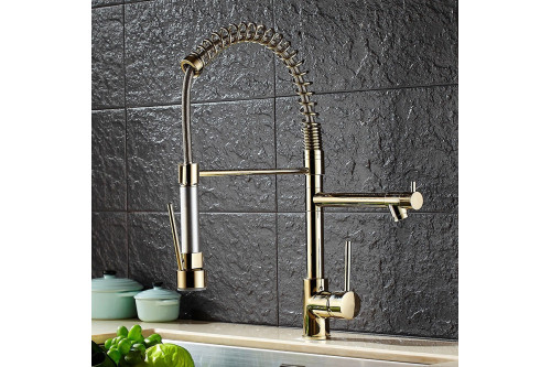 Homary™ Brewst Single Hole Double Spout Pull Out Sprayer Kitchen Faucet - Solid Brass