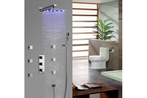 Homary™ 16" Square Wall Mount Rain Shower System with Handshower and 6 Body Sprays - Brushed Nickel