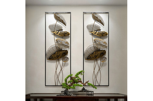 HMR™ 2 Pieces Metal Lotus Leaves Wall Decor with Rectangle Frame - Black