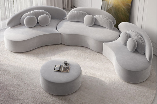 HMR™ Curved Modular Sofa Velvet Upholstered 6-Seater - Light Gray, 145.7"L x 30.7"H